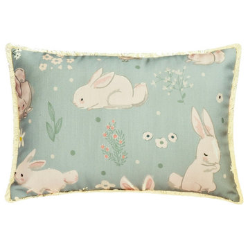 Powder Blue Cotton 12"x22" Lumbar Pillow Cover Nursery, Kids, Lace - Bunny Hops