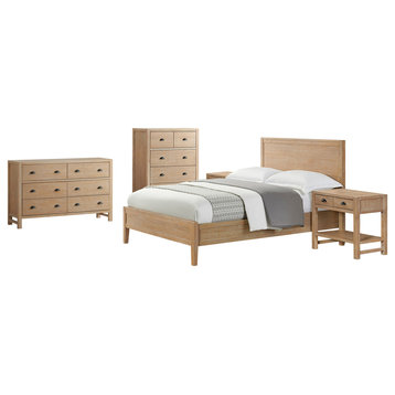 Arden Wood Bedroom Set With Queen Bed, 2 Nightstands Withshelf, Chest, Dresser