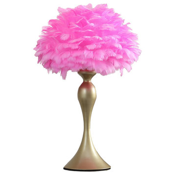 Benzara BM279098 Metal Glam Feather Table Lamp, Candlestick, 40W, Pink, Gold
