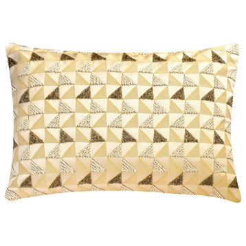 Gold and Ivory Jacquard 12"x16" Lumbar Pillow Cover, Mosaic Beaded Gold Triad