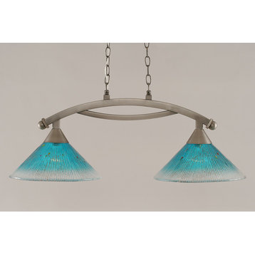 Bow 2 Light Island Light In Brushed Nickel, 12" Teal Crystal Glass