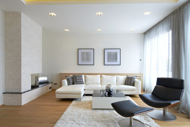 Large trendy open concept medium tone wood floor and brown floor living room photo in Other with white walls