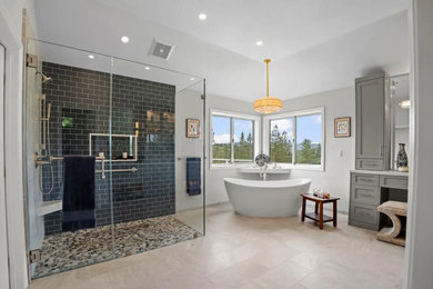 Inspiration for a large transitional master blue tile and subway tile porcelain tile, beige floor and double-sink bathroom remodel in San Francisco with shaker cabinets, gray cabinets, a two-piece toilet, gray walls, an undermount sink, quartz countertops, a hinged shower door, white countertops, a niche and a built-in vanity