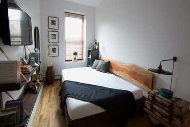 Inspiration for a small eclectic guest light wood floor and brown floor bedroom remodel in New York with white walls and no fireplace