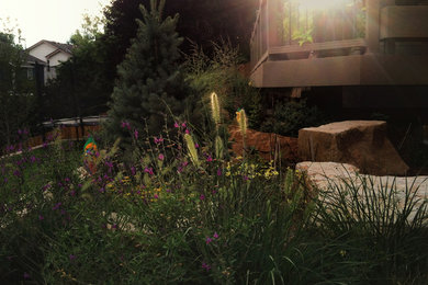 This is an example of a large eclectic front yard full sun garden in Denver with a fire feature.