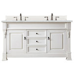 James Martin Vanities - Brookfield 60" Double Vanity, Bright White w/ 3 CM Ethereal Noctis Quartz Top - The Brookfield 60" Bright White double vanity by James Martin Vanities features hand carved accenting filigrees and raised panel doors. Two doors on either side open to shelves for storage below. Three center drawers made up of a lower double-height drawer and both middle and top standard drawers, offer additional storage space. Antique brass finish door and drawer pulls. Matching wood backsplash is included. The look is completed with a 3cm eased edge Ethereal Noctis Quartz top with two white solid surface rectangular sinks.