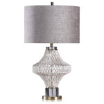 Harp and Finial - Charlotte Table Lamp Natural Finish on Rope Body - The Charlotte table lamp is a classic boho glam look adorned with crystal touches and a gold finish metal accent tone. This natural finish fixture features a rope body for a natural touch that's accented by its glamorous light grey fabric hardback shade. It's a delightfully versatile living room look that revives your decor.