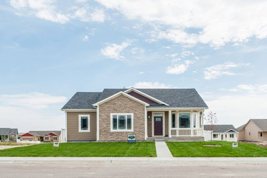 Small transitional beige one-story mixed siding gable roof photo in Other