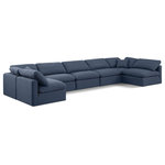 Meridian Furniture - Indulge Upholstered Modular U-Shaped Sectional, Navy, 7-Piece: 5 Armless Chair, 2 Corner Chair, Down Stuffed Linen Textured Fabric - Experience ultimate comfort and style with our navy linen textured fabric Indulge Sectional. The luxurious linen texture of the fabric will elevate the aesthetic of any room. This sofa provides ample space for you to relax while its modular build offers the option of unlimited configurations. Whether you're looking to add a stylish element to your living room or a comfortable seating option to your bedroom, this sofa is the perfect choice.