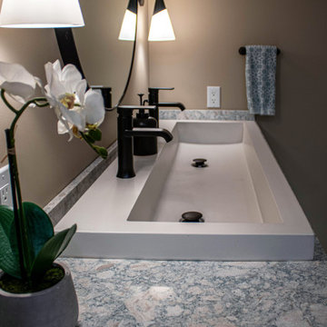 Blue and White Transitional Guest Bathroom with Floating Vanity and Trough Sink