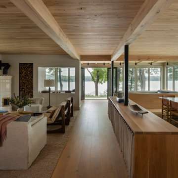 Antique Elm Flooring, Ceiling, and Box Beams in Wabi-Sabi Lakeside Living Room