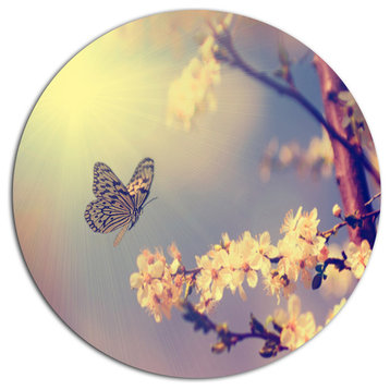 Vintage Butterfly And Cherry Tree, Modern Flower Round Wall Art, 38"