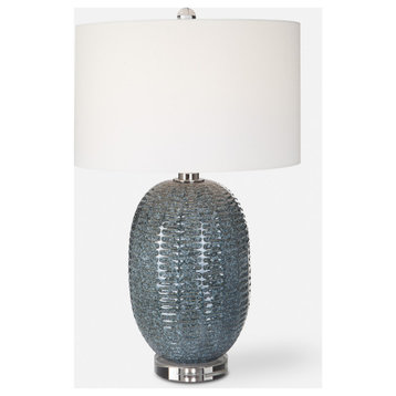 Elegant Oval Mottled Blue Green Table Lamp 29 in Aqua Ribbed Ceramic Embossed