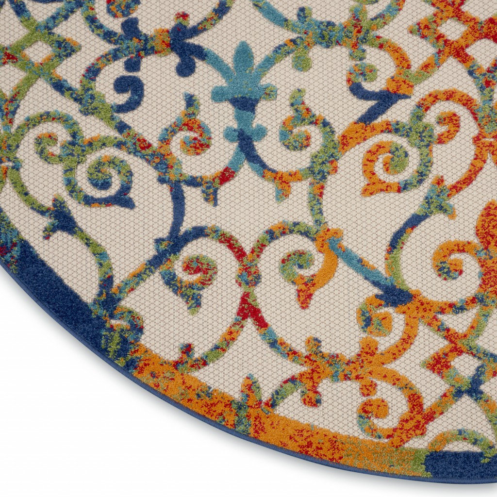 8' Round Ivory And Blue Round Floral Indoor Outdoor Area Rug ...