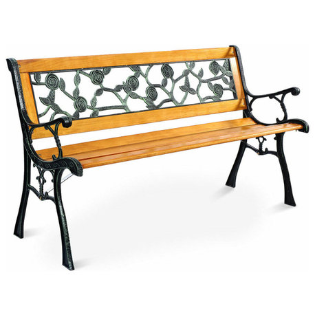 Costway Patio Park Garden Bench Porch Chair Outdoor Cast Iron Hardwood Rose