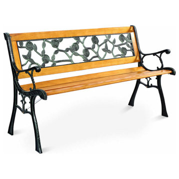 Costway Patio Park Garden Bench Porch Chair Outdoor Cast Iron Hardwood Rose