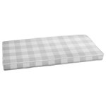 Mozaic Company - Stewart Grey Buffalo Plaid Bench Cushion - This wide checkered, white and light Gray buffalo plaid pattern will add the perfect traditional accent to your decor. The timeless appeal of buffalo plaid adds a bonus to the beautiful look of this outdoor bench cushion. Wrapped in sun and weather resistant outdoor fabric, its pure recycled fiber fill steps up the level of seating comfort. Remove the cover through a zippered enclosure for easy spot cleaning, and secure the cushion with attached ties to avoid shifting. Designed primarily for outdoor use, this enticing bench cushion also adds a dynamic plaid look to interior window seats.
