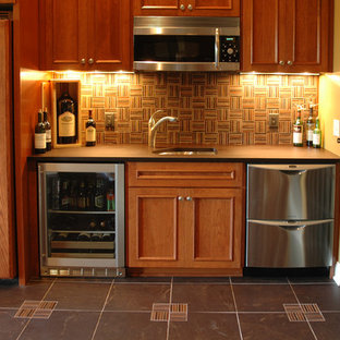 Photo of a traditional walk-out basement in Minneapolis with beige walls, ceramic flooring and no fireplace.