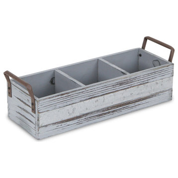Gray Wash Wooden 3 Slot Storage Caddy With Side Metal Handles