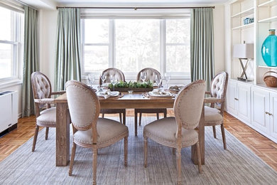 Mid-sized elegant dark wood floor and brown floor enclosed dining room photo in New York with beige walls and no fireplace
