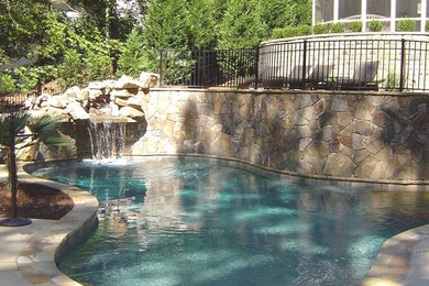 Mid-sized tropical backyard custom-shaped natural pool in Other with a water feature and natural stone pavers.