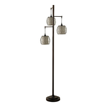 Mid-Modern lamp post inspired floor lamp with caged woven shades