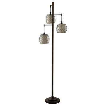Mid-Modern lamp post inspired floor lamp with caged woven shades