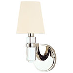 Hudson Valley Lighting - Dayton, One Light Wall Sconce, Polished Nickel Finish, White Faux Silk Shade - Dayton's strong arms hold smooth crystal columns, for a look of confident glamour. The chandelier's central crystal teardrop showcases the material's pristine beauty. Softly textured tailored shades balance the sheen of Dayton's glass and metal.
