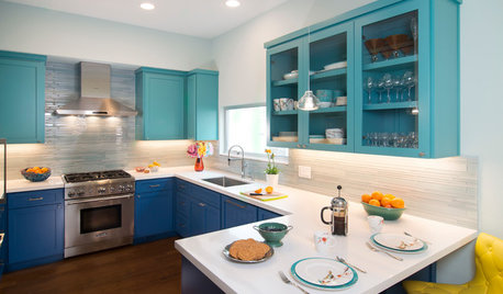 Blue and Aqua Cabinets Make a Splash in a Colorful Kitchen