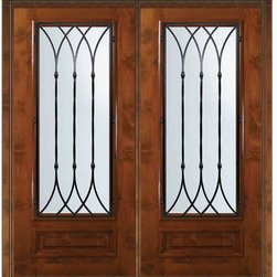 Prehung Double Door 80 Wood Alder Warwick 3/4 Lite Wrought Iron - Front Doors