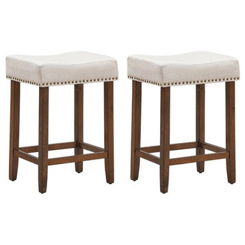 Costway 24" Wood Nailhead Saddle Bar Stools with Fabric Seat in Beige (Set of 2)