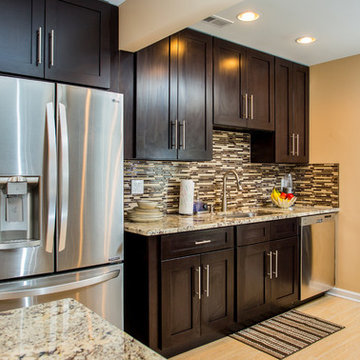 Contemporary Espresso Kitchen Remodel with Granite Counters & Mosaic Backsplash