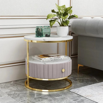 White Round Stone Side Table with Drawer Velvet Gold Finish