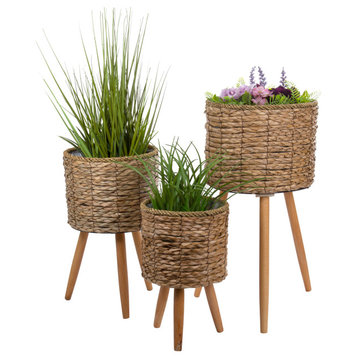 Decorative Cattail Planter Set With Wooden Legs, 3-Piece Set, Natural