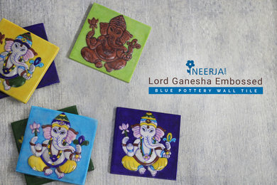 Handmade Ganesha Embossed Blue Pottery Wall Tiles