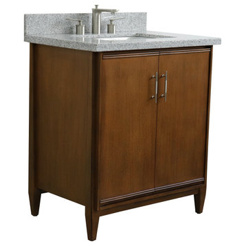 31" Single Sink Vanity, Walnut Finish, Gray Granite With Rectangle Sink