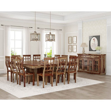 Dallas Ranch Square Pedestal Solid Wood 14 Piece Dining Room Set