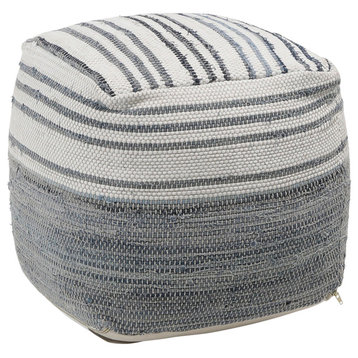 Meira Cotton Chindi and Denim Upholstered Pouf, Blue/White