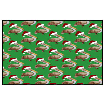 Christmas Santa Pelicans On Green Background Holiday Door Floor Mat, 24"x36"