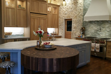 Open concept kitchen - transitional dark wood floor open concept kitchen idea in Other with a farmhouse sink, blue backsplash, glass tile backsplash and white countertops