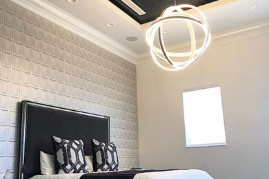 Bedroom - mid-sized modern master dark wood floor, brown floor, tray ceiling and wallpaper bedroom idea in Miami with white walls