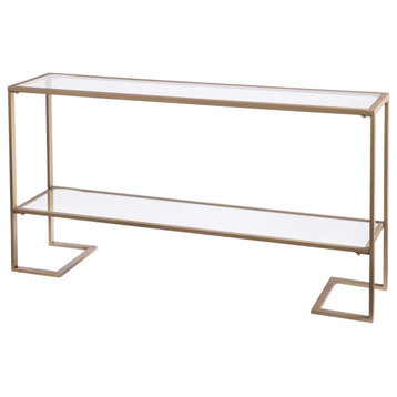 Contemporary Console Table, Sleek Linear Design With Golden Frame and Glass Top