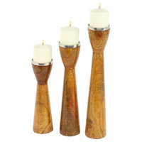 Set of 3 Natural 12, 15 and 18" Mango Wood and Metal Brown Candle Holders