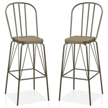 Set of 2 Bar Stool, Sturdy Metal Frame With Wooden Seat & Open Back, Bronze