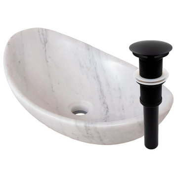 Carrara White Marble Slipper Vessel Sink and Drain, Matte Black