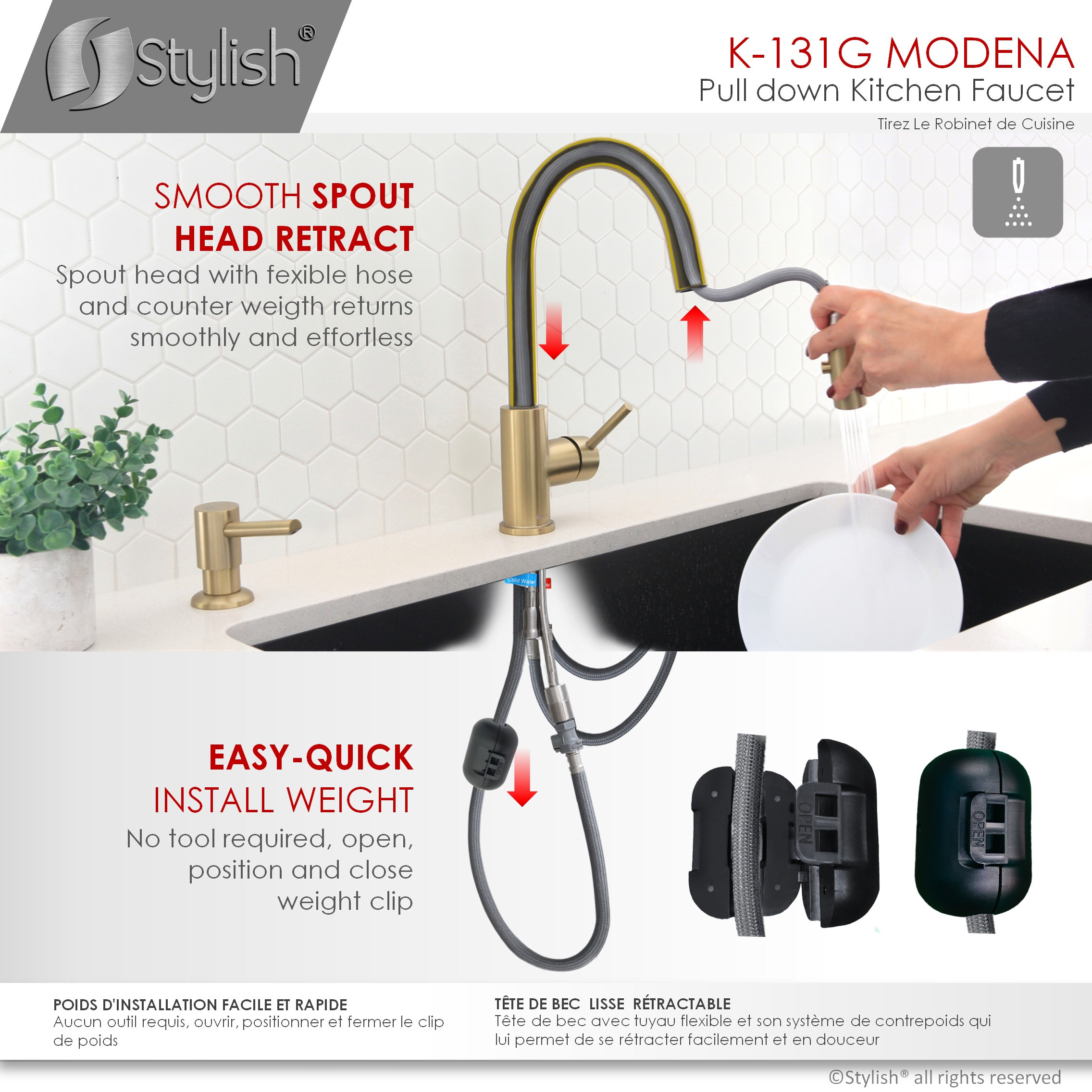 STYLISH Modern Single Handle  Pull down Sprayer  Kitchen Faucet in Gold Finish