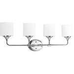 Progress Lighting - Lynzie Collection 4-Light Chrome Bath Light, Classic Chrome - With a youthful, yet timeless flair, the Lynzie Collection brightens your day with its simplicity. This four-light bath fixture with etched, white, oval shaped glass shades held upright by delicate classic Chrome finished arms portray the simple styling. A cousin to the Chloe collection, similarly uncluttered and simple lines depict the gracefulness of this bath collection and add visual interest without complexity.