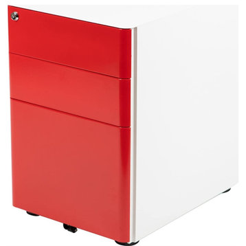 Modern Filing Cabinet, Mobile Design With 3 Lockable Drawers, White/Red