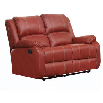 Benzara BM177634 Faux Leather Upholstered Metal Loveseat With Dual Recliner, Red
