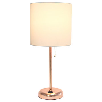 Limelights Rose Gold Stick Lamp With Charging Outlet and Fabric Shade
